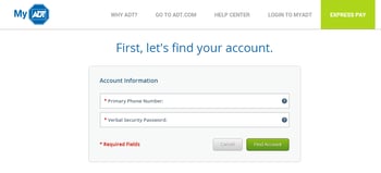 myADT.com find account screen