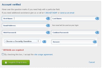 myADT.com account registration screen